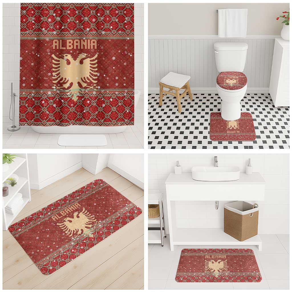 Albania Christmas Bathroom Set with Red Geometric Design, Golden Double-Headed Eagle, and Santa Motif - Wonder Print Shop