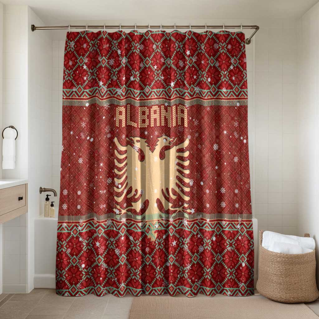 Albania Christmas Bathroom Set with Red Geometric Design, Golden Double-Headed Eagle, and Santa Motif - Wonder Print Shop