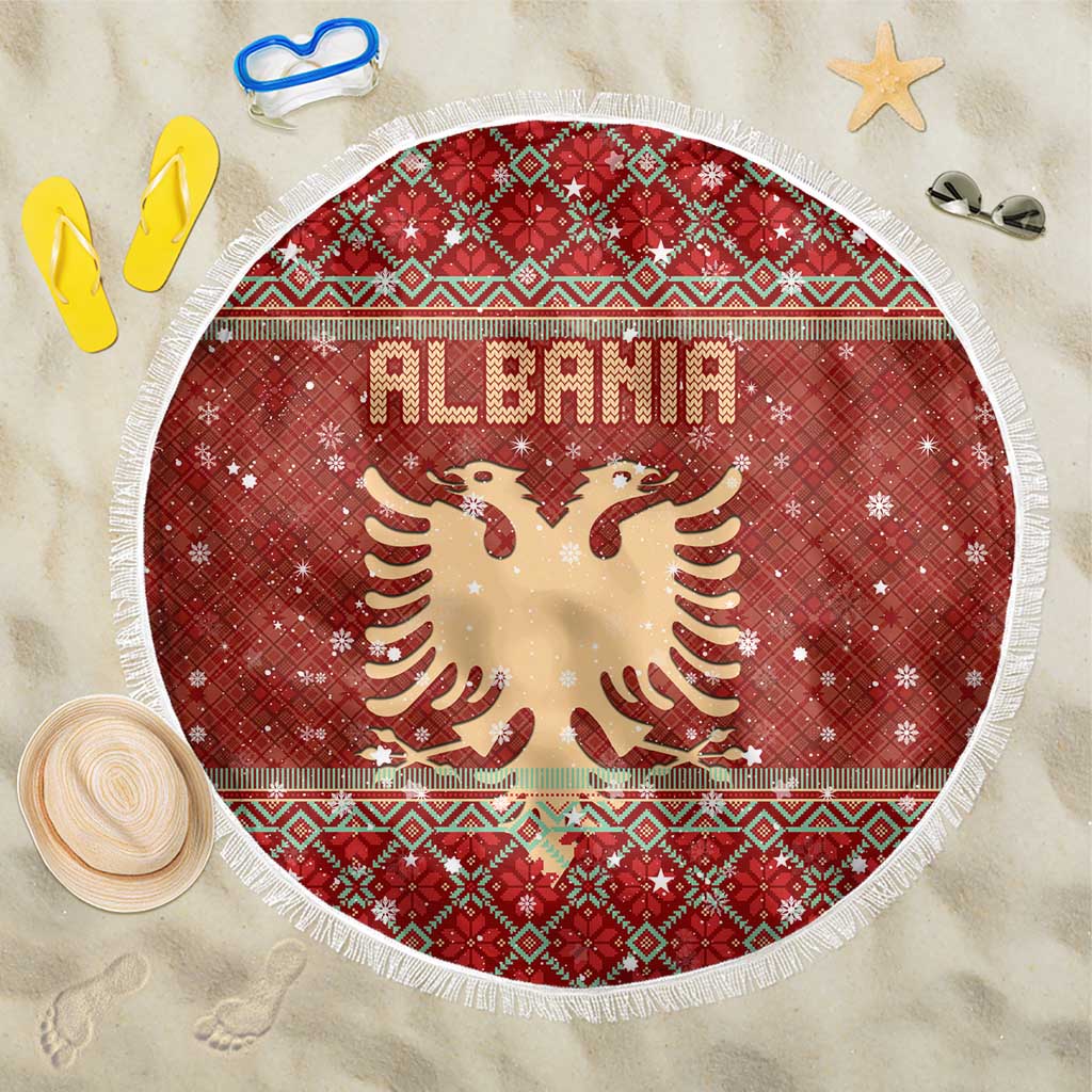 Albania Christmas Beach Blanket with Red Geometric Design, Golden Double-Headed Eagle, and Santa Motif - Wonder Print Shop