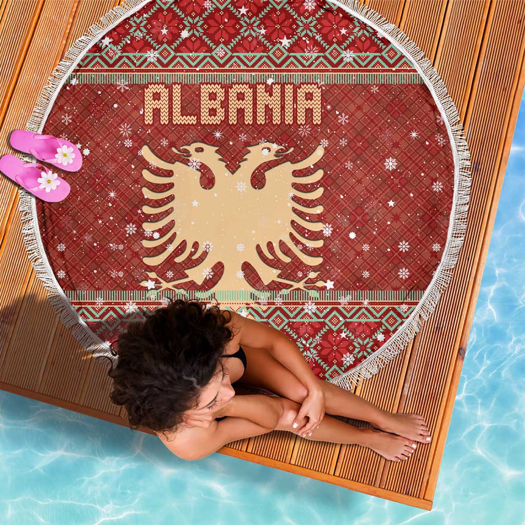 Albania Christmas Beach Blanket with Red Geometric Design, Golden Double-Headed Eagle, and Santa Motif - Wonder Print Shop