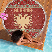 Albania Christmas Beach Blanket with Red Geometric Design, Golden Double-Headed Eagle, and Santa Motif - Wonder Print Shop