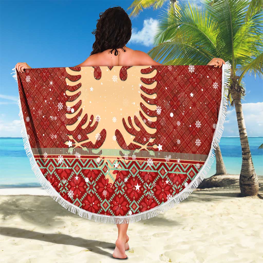 Albania Christmas Beach Blanket with Red Geometric Design, Golden Double-Headed Eagle, and Santa Motif - Wonder Print Shop
