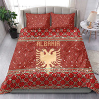 Albania Christmas Bedding Set with Red Geometric Design, Golden Double-Headed Eagle, and Santa Motif - Wonder Print Shop