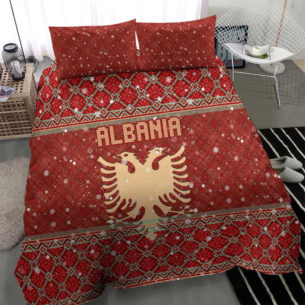 Albania Christmas Bedding Set with Red Geometric Design, Golden Double-Headed Eagle, and Santa Motif - Wonder Print Shop