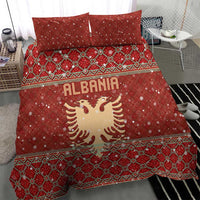Albania Christmas Bedding Set with Red Geometric Design, Golden Double-Headed Eagle, and Santa Motif - Wonder Print Shop