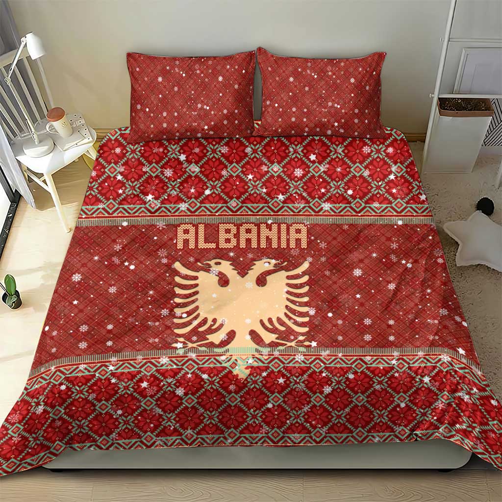 Albania Christmas Bedding Set with Red Geometric Design, Golden Double-Headed Eagle, and Santa Motif - Wonder Print Shop