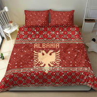 Albania Christmas Bedding Set with Red Geometric Design, Golden Double-Headed Eagle, and Santa Motif - Wonder Print Shop