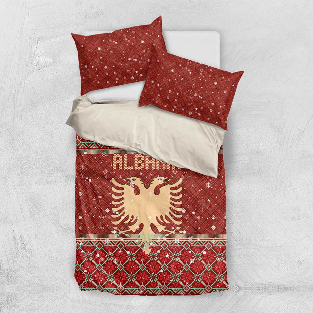 Albania Christmas Bedding Set with Red Geometric Design, Golden Double-Headed Eagle, and Santa Motif - Wonder Print Shop