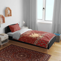 Albania Christmas Bedding Set with Red Geometric Design, Golden Double-Headed Eagle, and Santa Motif - Wonder Print Shop