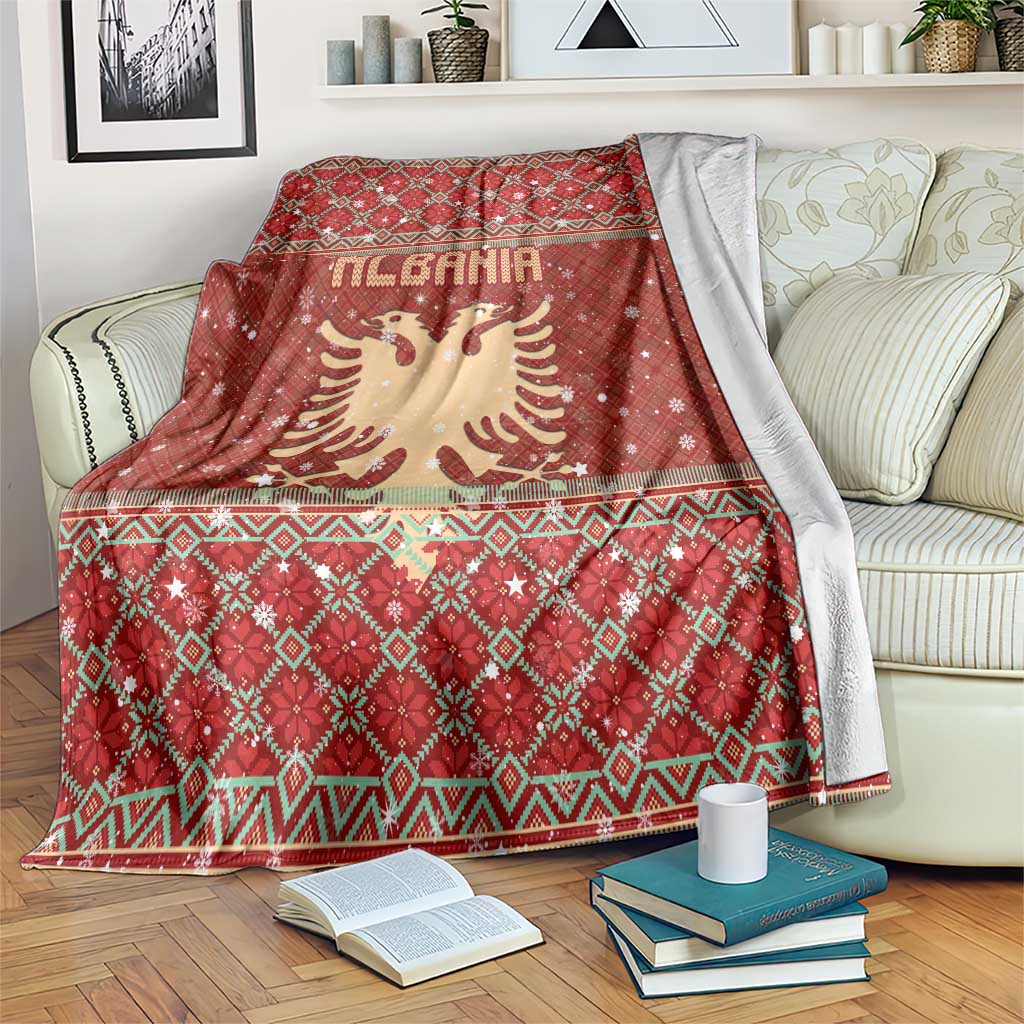 Albania Christmas Blanket with Red Geometric Design, Golden Double-Headed Eagle, and Santa Motif - Wonder Print Shop