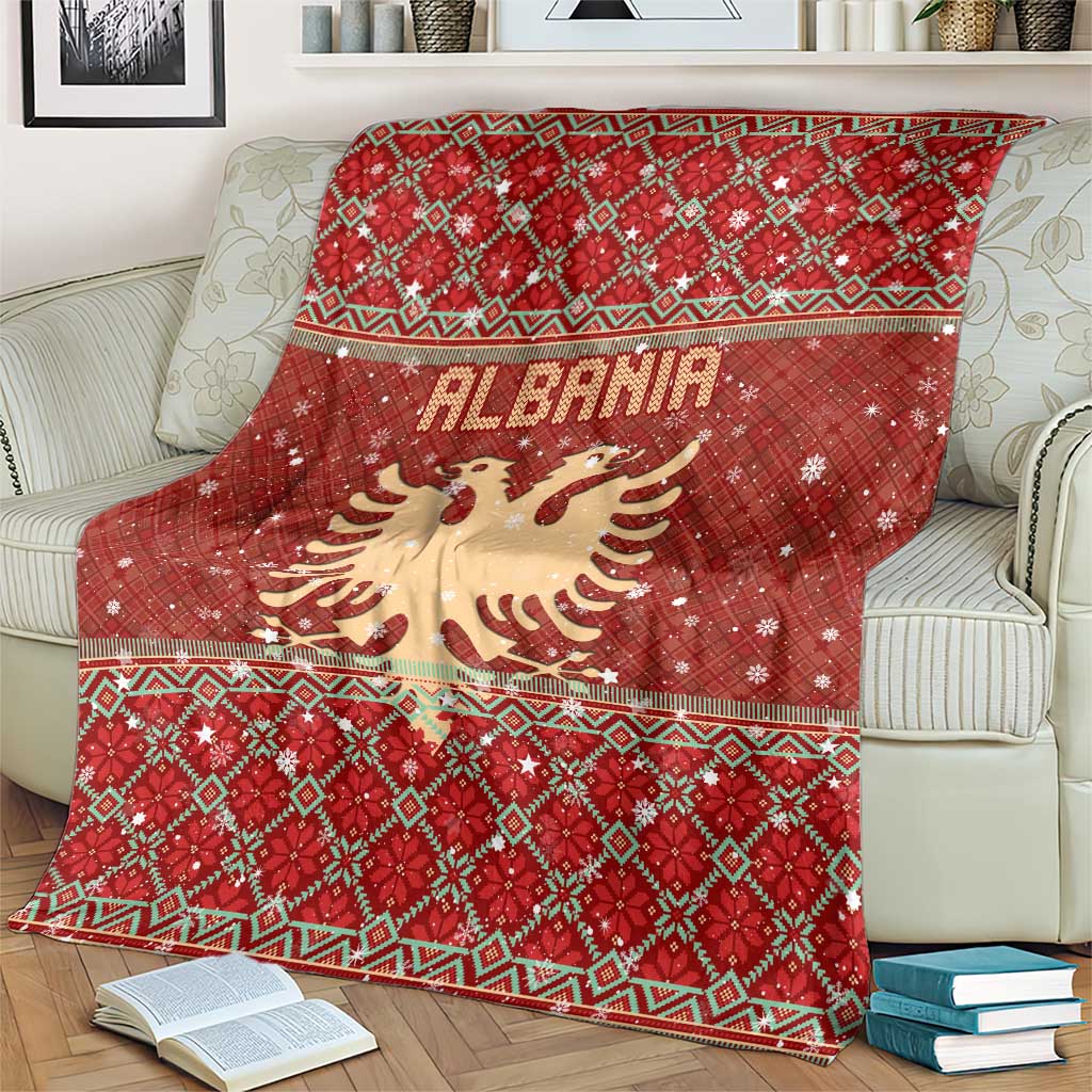 Albania Christmas Blanket with Red Geometric Design, Golden Double-Headed Eagle, and Santa Motif - Wonder Print Shop