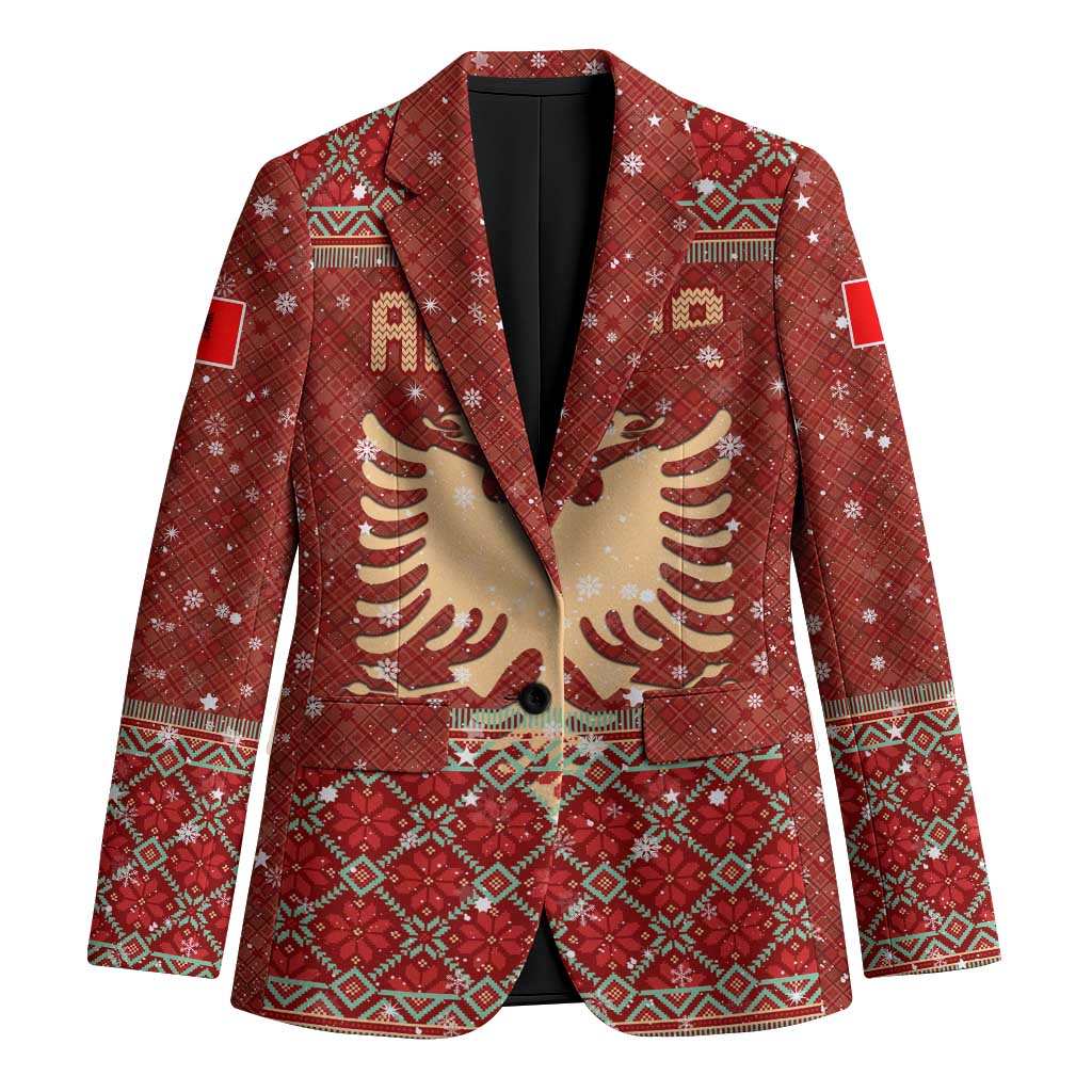 Albania Christmas Blazer with Red Geometric Design, Golden Double-Headed Eagle, and Santa Motif - Wonder Print Shop