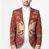 Albania Christmas Blazer with Red Geometric Design, Golden Double-Headed Eagle, and Santa Motif - Wonder Print Shop