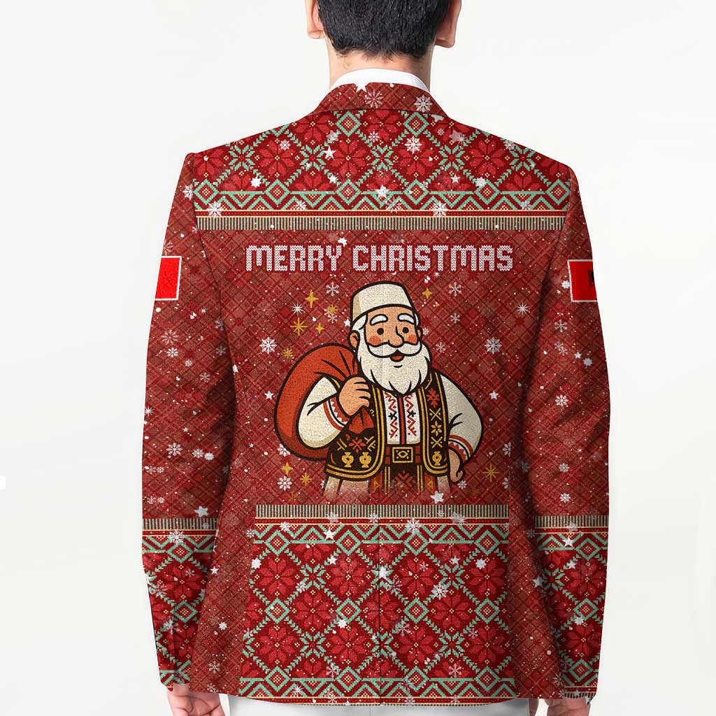 Albania Christmas Blazer with Red Geometric Design, Golden Double-Headed Eagle, and Santa Motif - Wonder Print Shop