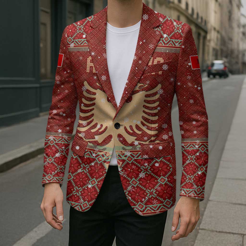 Albania Christmas Blazer with Red Geometric Design, Golden Double-Headed Eagle, and Santa Motif - Wonder Print Shop