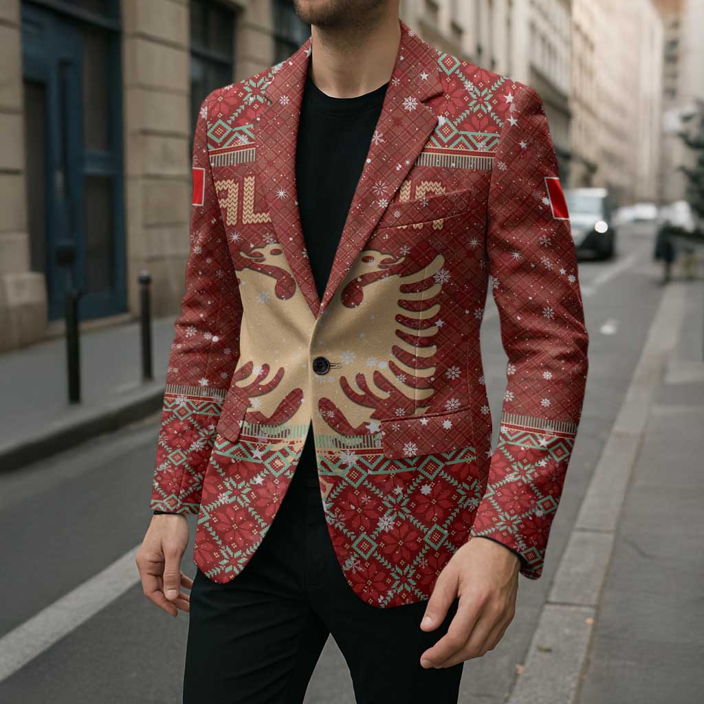 Albania Christmas Blazer with Red Geometric Design, Golden Double-Headed Eagle, and Santa Motif - Wonder Print Shop