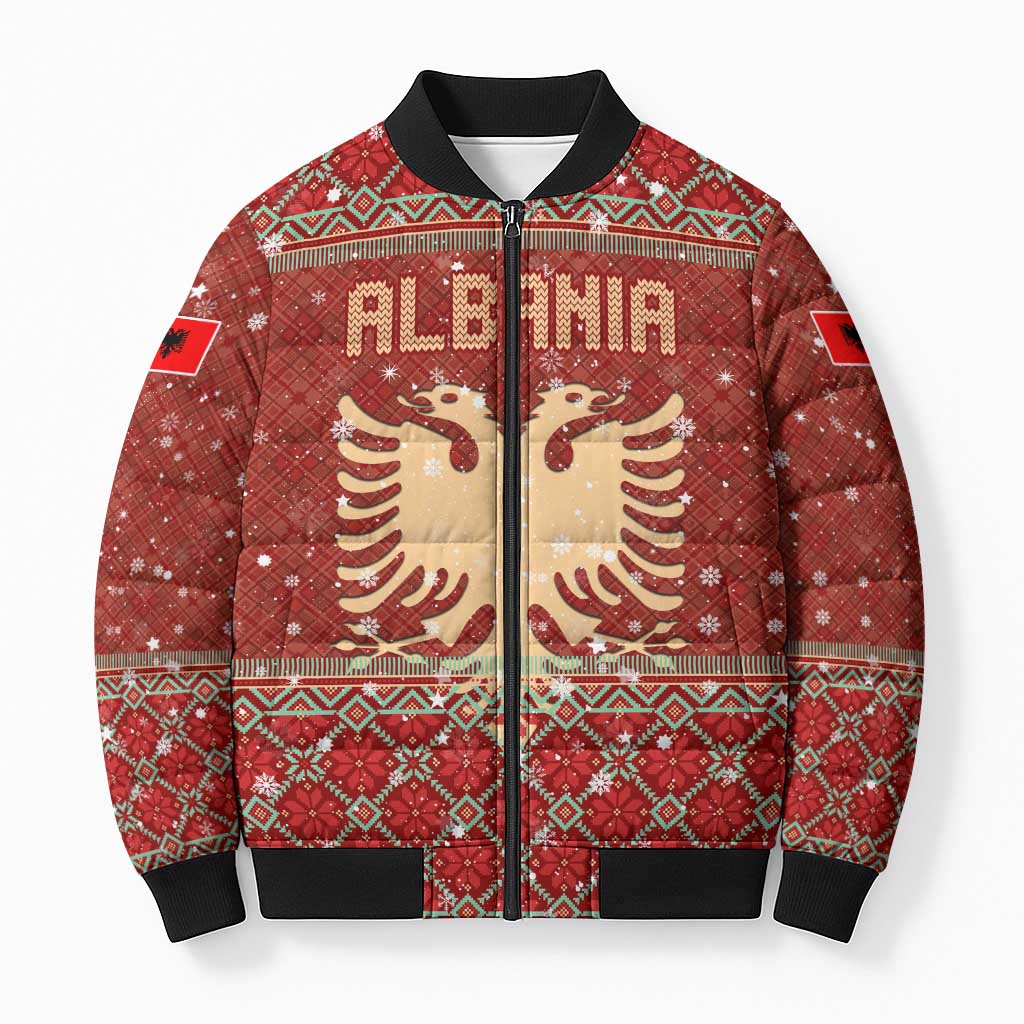 Albania Christmas Bomber Puffer Jacket with Red Geometric Design, Golden Double-Headed Eagle, and Santa Motif - Wonder Print Shop