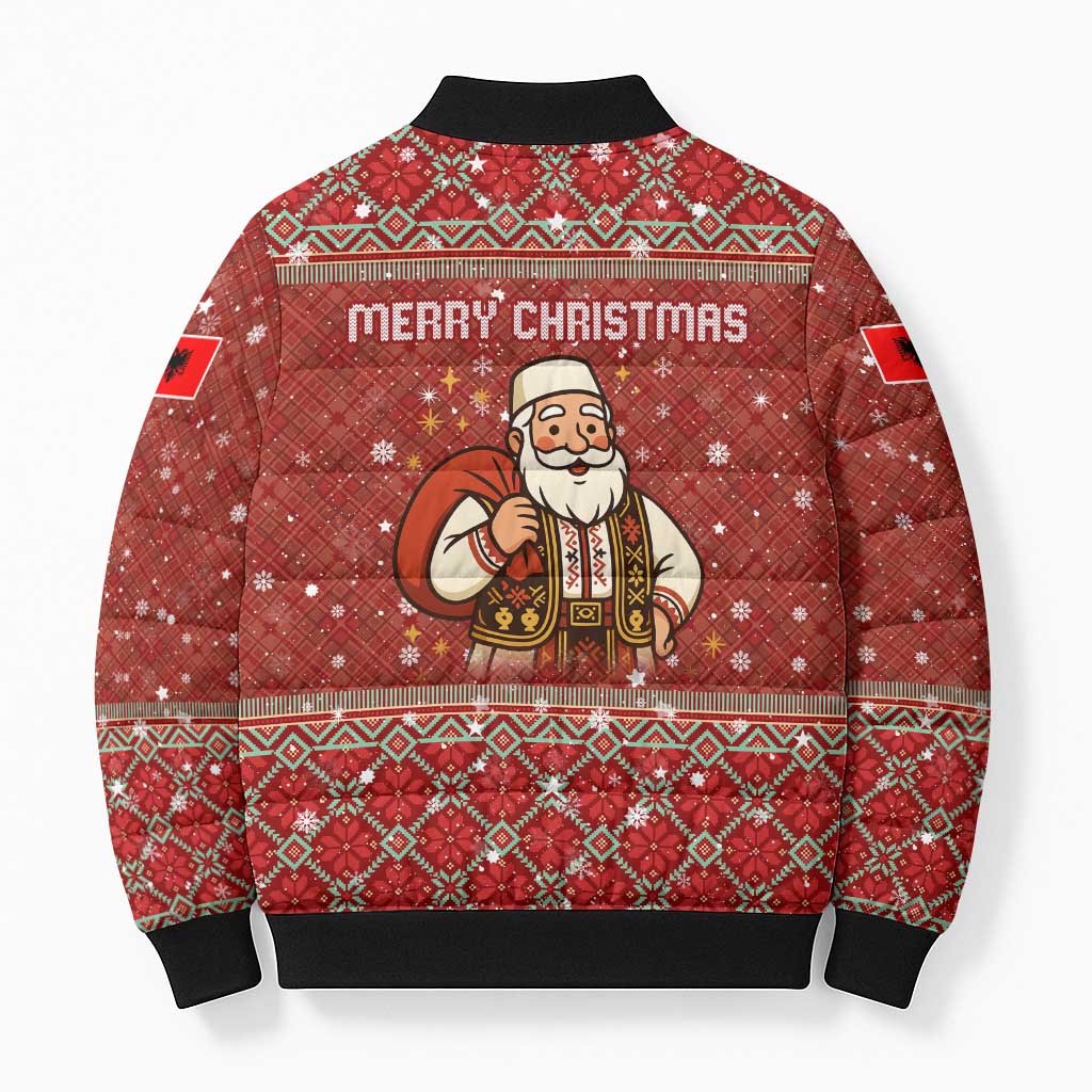 Albania Christmas Bomber Puffer Jacket with Red Geometric Design, Golden Double-Headed Eagle, and Santa Motif - Wonder Print Shop