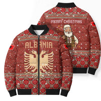 Albania Christmas Bomber Puffer Jacket with Red Geometric Design, Golden Double-Headed Eagle, and Santa Motif - Wonder Print Shop