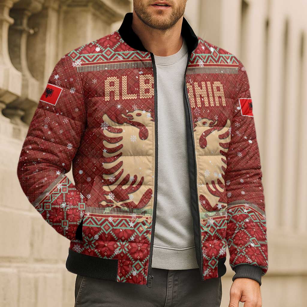 Albania Christmas Bomber Puffer Jacket with Red Geometric Design, Golden Double-Headed Eagle, and Santa Motif - Wonder Print Shop