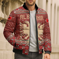 Albania Christmas Bomber Puffer Jacket with Red Geometric Design, Golden Double-Headed Eagle, and Santa Motif - Wonder Print Shop