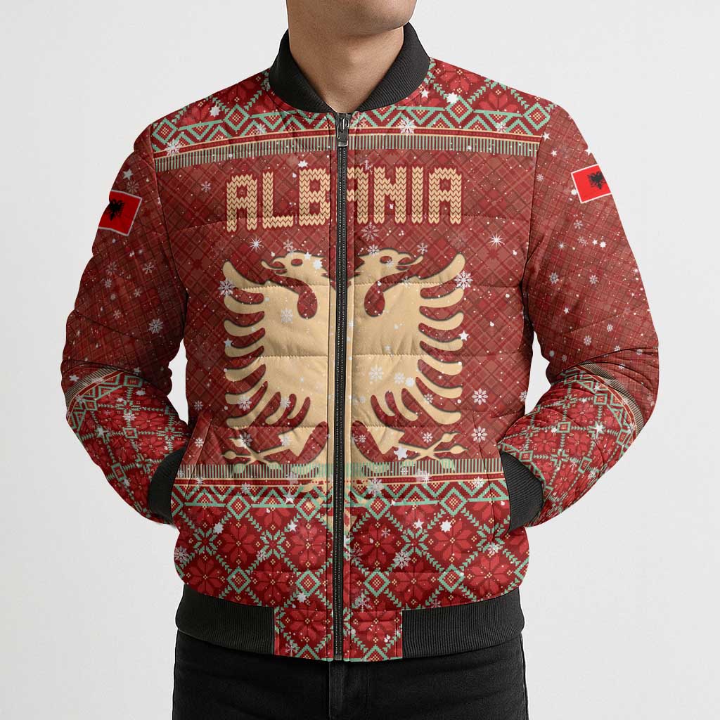 Albania Christmas Bomber Puffer Jacket with Red Geometric Design, Golden Double-Headed Eagle, and Santa Motif - Wonder Print Shop