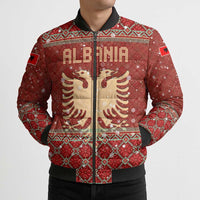 Albania Christmas Bomber Puffer Jacket with Red Geometric Design, Golden Double-Headed Eagle, and Santa Motif - Wonder Print Shop