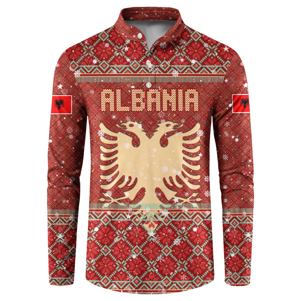 Albania Christmas Button Sweatshirt with Red Geometric Design, Golden Double-Headed Eagle, and Santa Motif - Wonder Print Shop