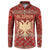 Albania Christmas Button Sweatshirt with Red Geometric Design, Golden Double-Headed Eagle, and Santa Motif - Wonder Print Shop