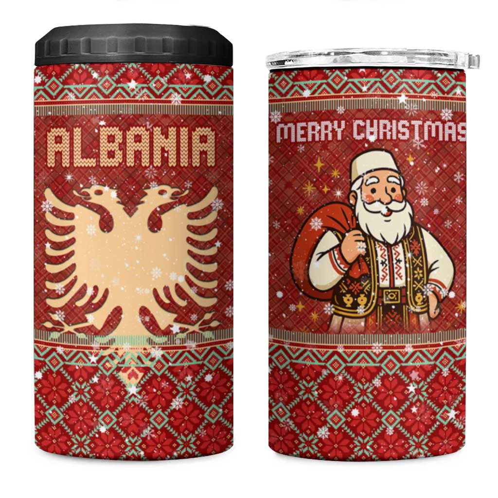Albania Christmas 4 in 1 Can Cooler Tumbler with Red Geometric Design, Golden Double-Headed Eagle, and Santa Motif - Wonder Print Shop