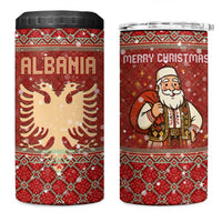 Albania Christmas 4 in 1 Can Cooler Tumbler with Red Geometric Design, Golden Double-Headed Eagle, and Santa Motif - Wonder Print Shop