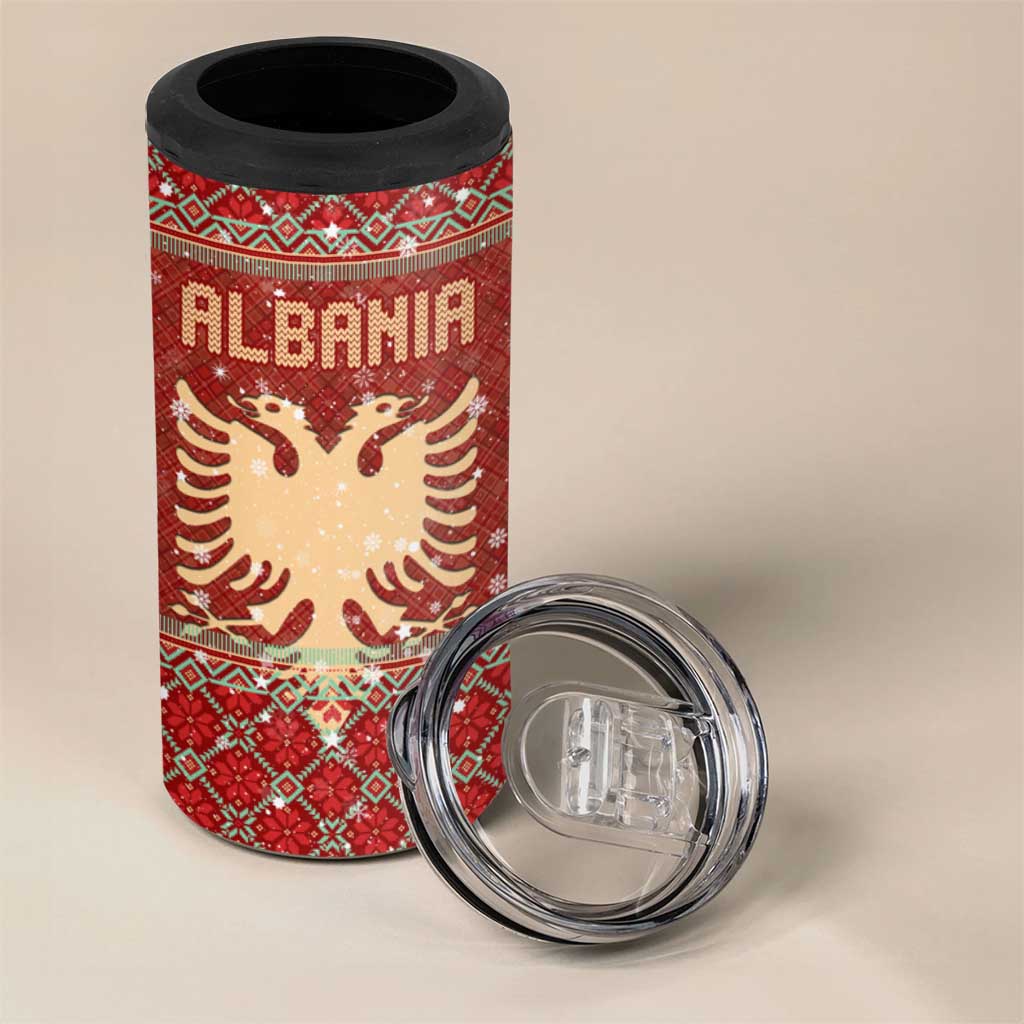 Albania Christmas 4 in 1 Can Cooler Tumbler with Red Geometric Design, Golden Double-Headed Eagle, and Santa Motif - Wonder Print Shop
