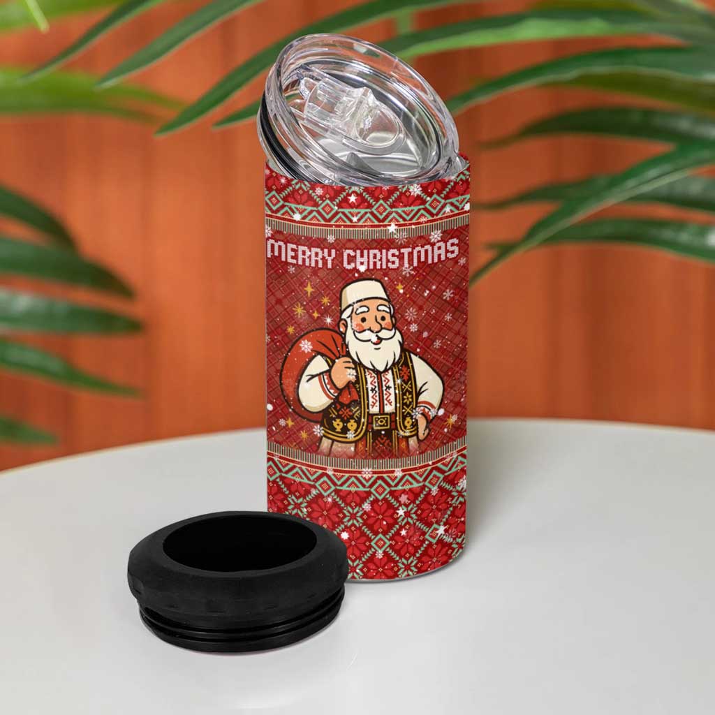 Albania Christmas 4 in 1 Can Cooler Tumbler with Red Geometric Design, Golden Double-Headed Eagle, and Santa Motif - Wonder Print Shop