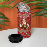 Albania Christmas 4 in 1 Can Cooler Tumbler with Red Geometric Design, Golden Double-Headed Eagle, and Santa Motif - Wonder Print Shop