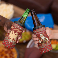 Albania Christmas 4 in 1 Can Cooler Tumbler with Red Geometric Design, Golden Double-Headed Eagle, and Santa Motif - Wonder Print Shop