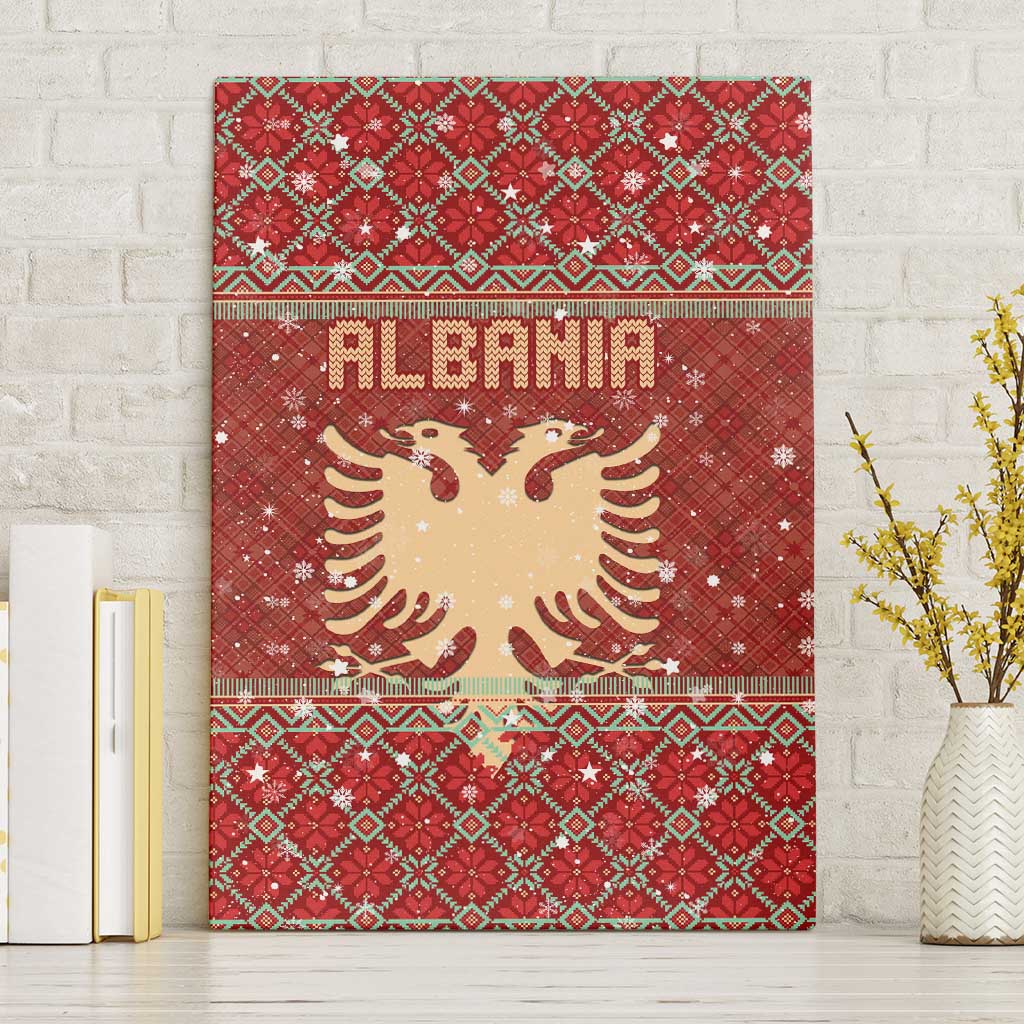 Albania Christmas Canvas Wall Art with Red Geometric Design, Golden Double-Headed Eagle, and Santa Motif - Wonder Print Shop