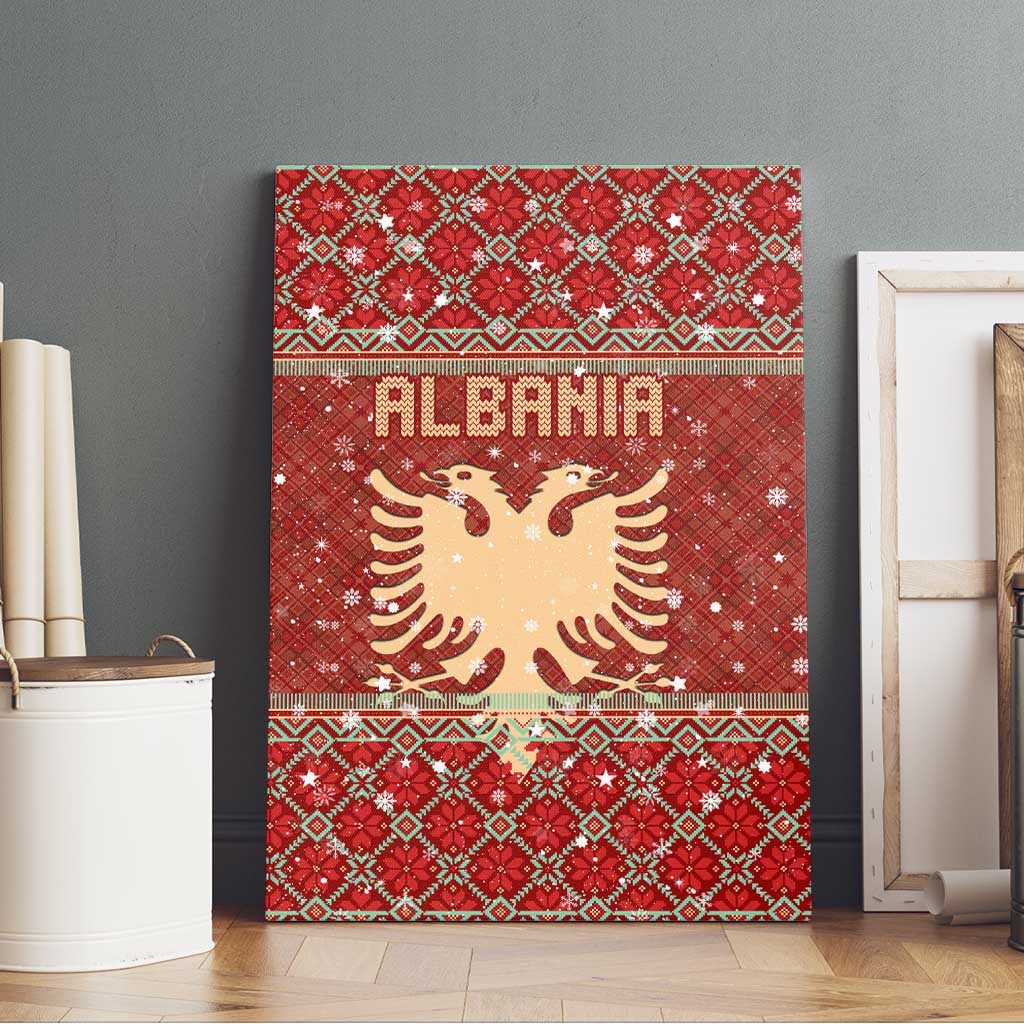Albania Christmas Canvas Wall Art with Red Geometric Design, Golden Double-Headed Eagle, and Santa Motif - Wonder Print Shop
