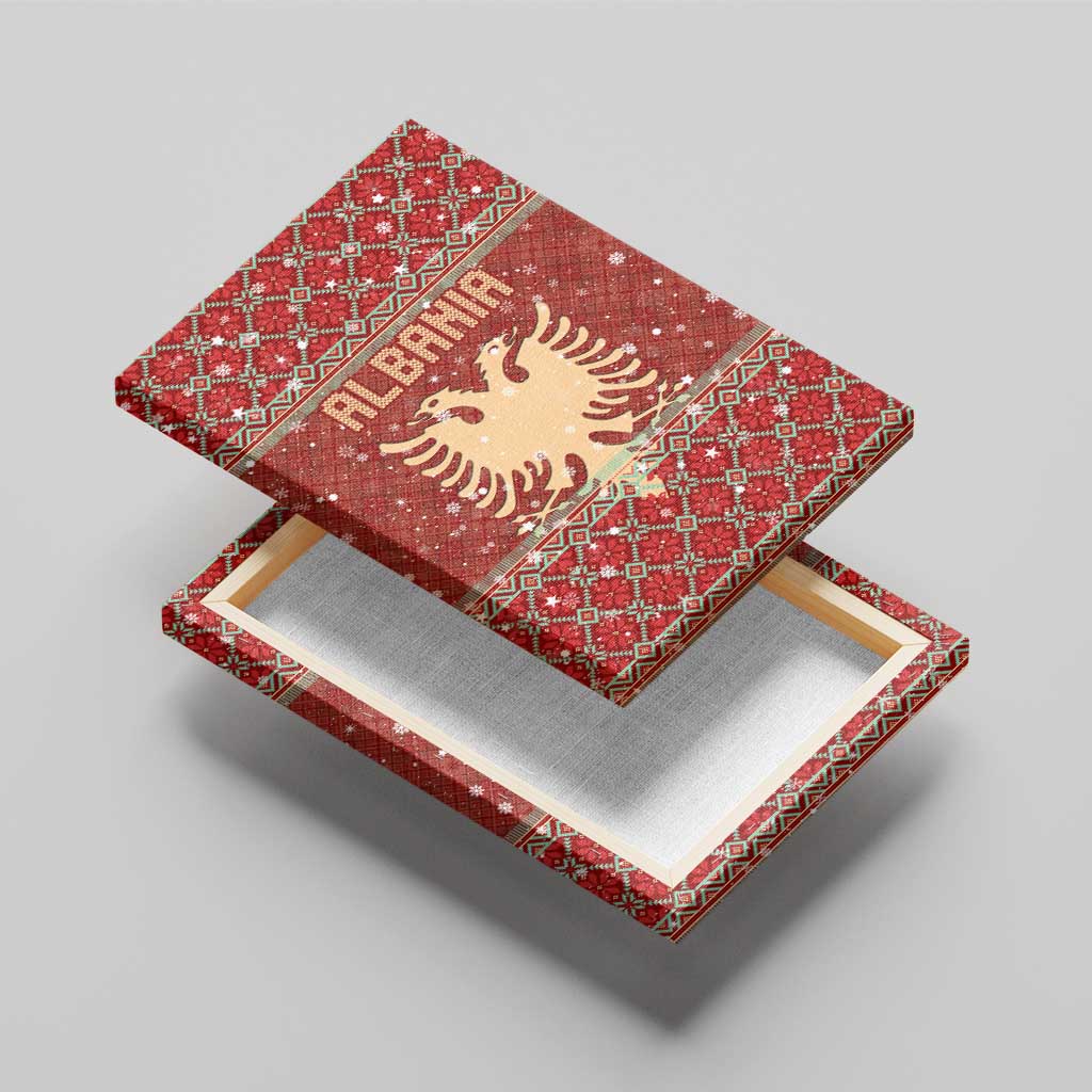 Albania Christmas Canvas Wall Art with Red Geometric Design, Golden Double-Headed Eagle, and Santa Motif - Wonder Print Shop