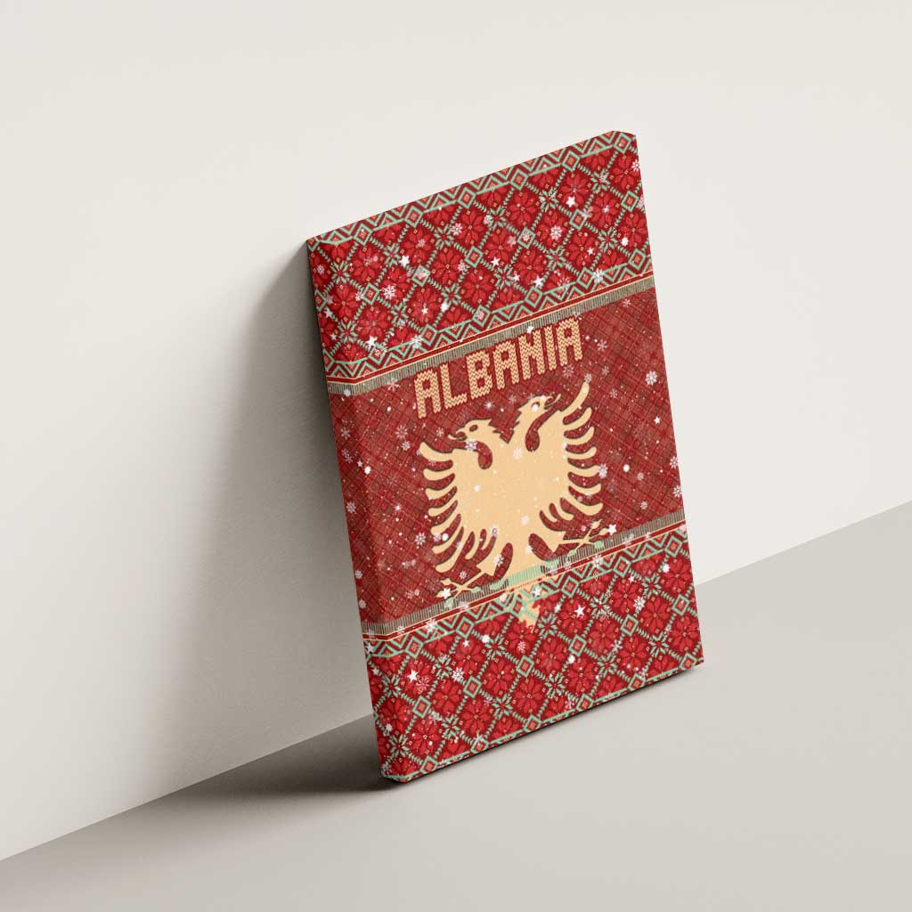 Albania Christmas Canvas Wall Art with Red Geometric Design, Golden Double-Headed Eagle, and Santa Motif - Wonder Print Shop