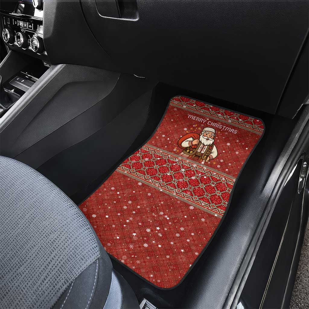 Albania Christmas Car Mats with Red Geometric Design, Golden Double-Headed Eagle, and Santa Motif - Wonder Print Shop