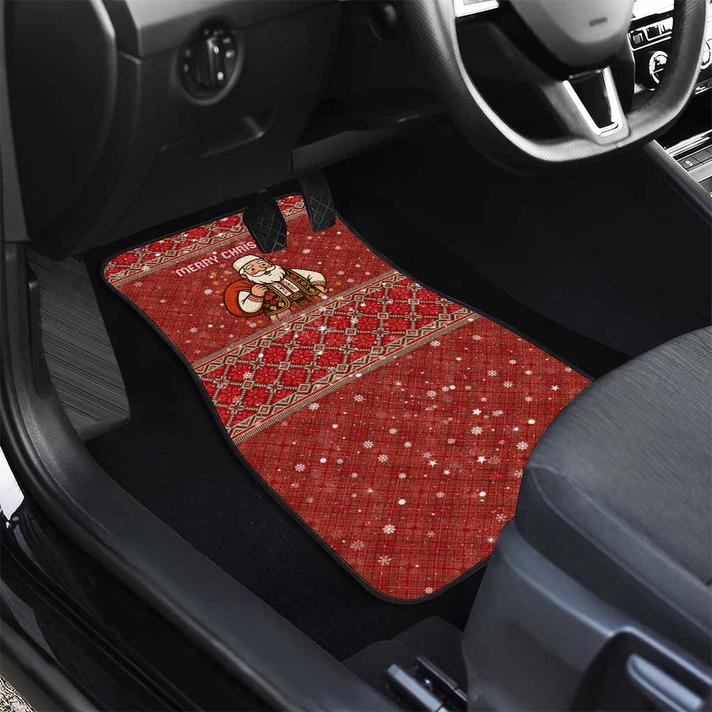 Albania Christmas Car Mats with Red Geometric Design, Golden Double-Headed Eagle, and Santa Motif - Wonder Print Shop