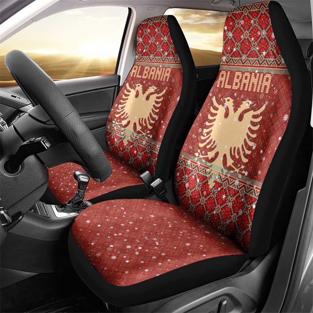Albania Christmas Car Seat Cover with Red Geometric Design, Golden Double-Headed Eagle, and Santa Motif - Wonder Print Shop