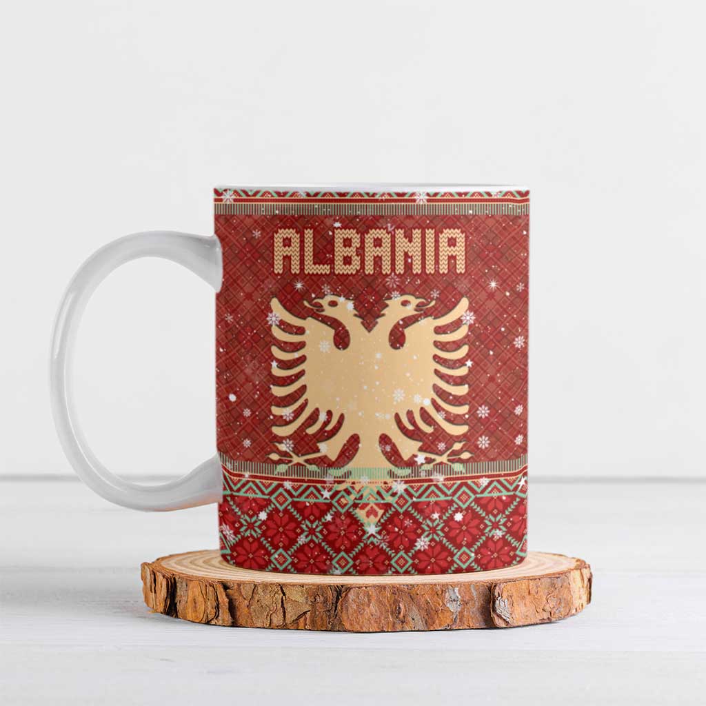 Albania Christmas Ceramic Mug with Red Geometric Design, Golden Double-Headed Eagle, and Santa Motif - Wonder Print Shop