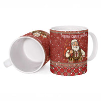 Albania Christmas Ceramic Mug with Red Geometric Design, Golden Double-Headed Eagle, and Santa Motif - Wonder Print Shop