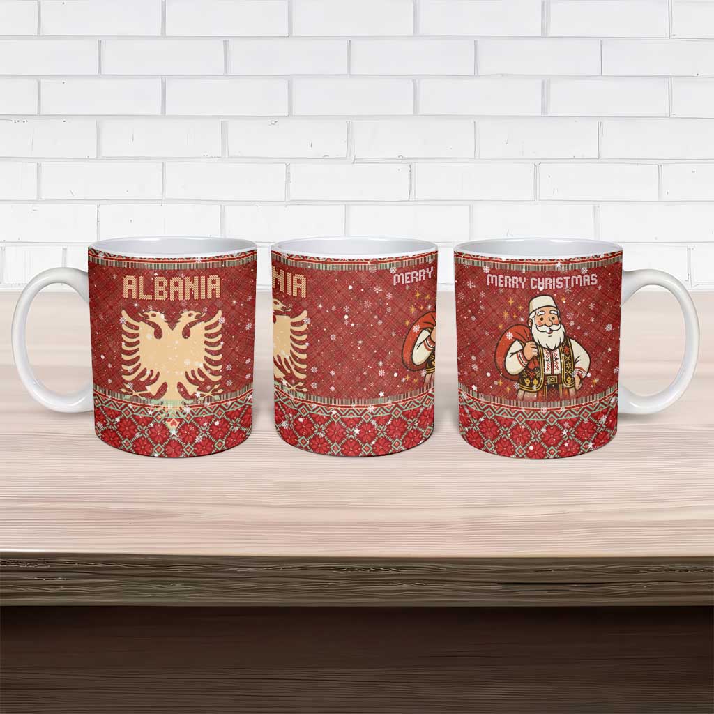 Albania Christmas Ceramic Mug with Red Geometric Design, Golden Double-Headed Eagle, and Santa Motif - Wonder Print Shop