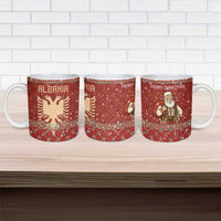 Albania Christmas Ceramic Mug with Red Geometric Design, Golden Double-Headed Eagle, and Santa Motif - Wonder Print Shop