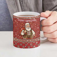 Albania Christmas Ceramic Mug with Red Geometric Design, Golden Double-Headed Eagle, and Santa Motif - Wonder Print Shop