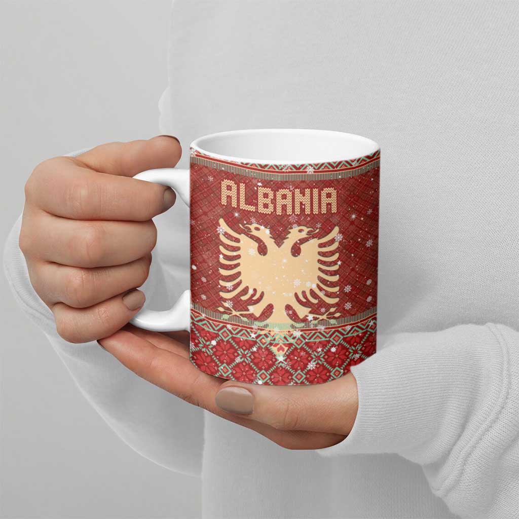 Albania Christmas Ceramic Mug with Red Geometric Design, Golden Double-Headed Eagle, and Santa Motif - Wonder Print Shop