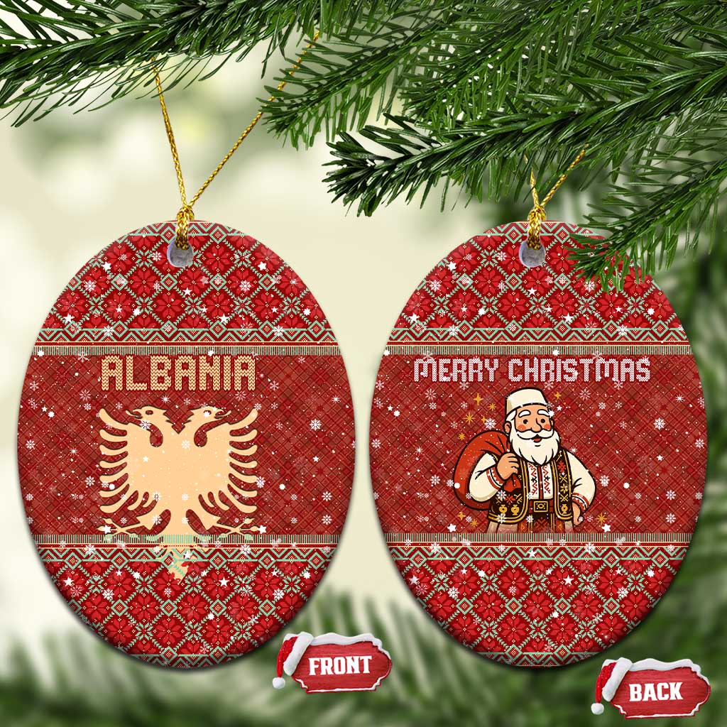 Albania Christmas Ceramic Ornament with Red Geometric Design, Golden Double-Headed Eagle, and Santa Motif - Wonder Print Shop