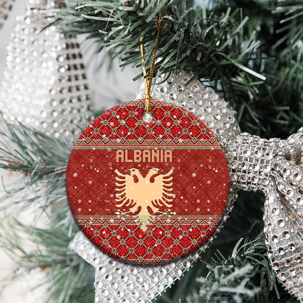 Albania Christmas Ceramic Ornament with Red Geometric Design, Golden Double-Headed Eagle, and Santa Motif - Wonder Print Shop